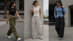Three casual Y2K streetwear looks with baggy cargo pants, fitted tops and chunky sneakers