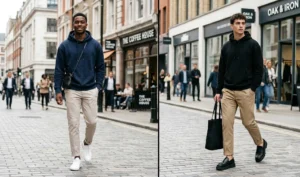 Two people blending smart-casual and streetwear with premium relaxed hoodies in navy and black paired with sharply tailored tapered chinos and leather sneakers.