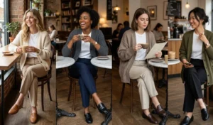 Four women showcasing a quiet luxury aesthetic with white tees, tailored trousers, and chunky cardigans at a coffee shop.