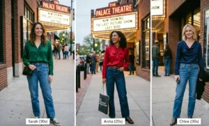 "Three women outside a movie theater styled in relaxed straight-leg denim jeans and jewel-toned satin blouses."