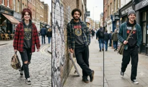 Three people wearing 90s grunge style with unbuttoned red, black, and navy plaid flannel shirts layered over graphic hoodies and relaxed black denim.