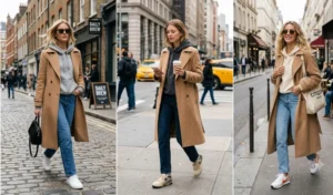 A chic city outfit collage featuring women elegantly layering classic camel trench coats over thick grey and cream hoodies with straight-leg jeans.