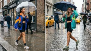 Two women walking in the rain wearing sporty, colorful oversized windbreakers styled with black bike shorts and chunky waterproof sneakers.
